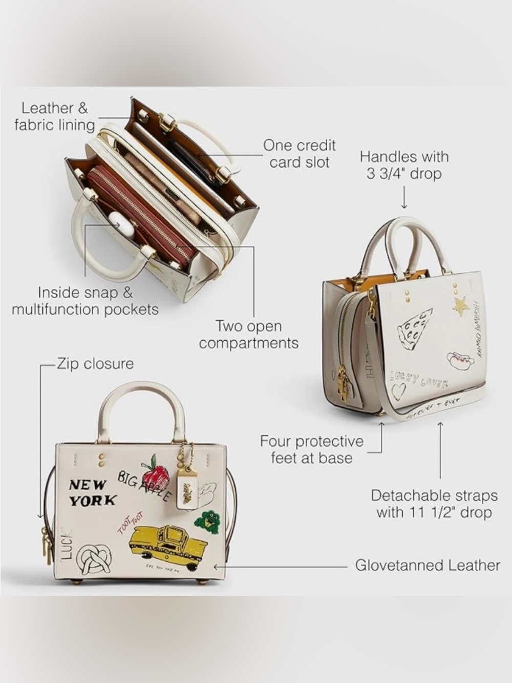 COACH NWT ROGUE 25 LEATHER SATCHEL BAG SKETCH PRINT NY CHALK WHITE CROSSBODY - Picture 11 of 11